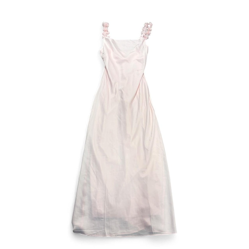 Pink satin maxi dress with floral straps size S wedding guest dress